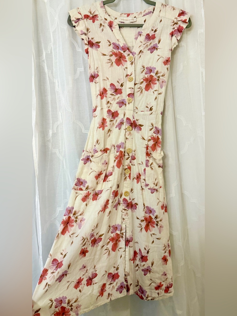 Monteau Cream Floral Midi Dress Medium Cottagecore Button Front Dress - Picture 10 of 16